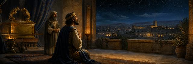 David praying before the ark beneath a star-filled sky over Jerusalem